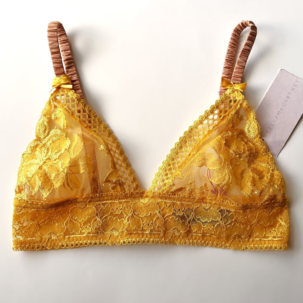 STELLA McCARTNEY Naomi Gliding Yellow Lace Bralette Soft Cup Bra SMALL S21-241